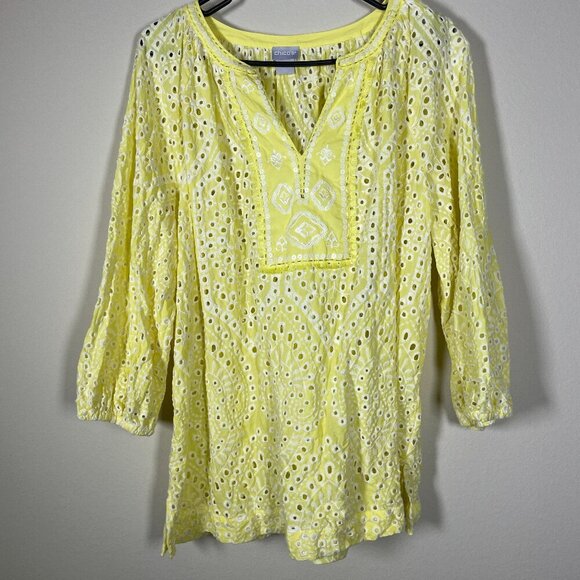 Chico's Tops - Chico’s Women’s Yellow Eyelet Embroidered Peasant Top Blouse 3 (16/18)!